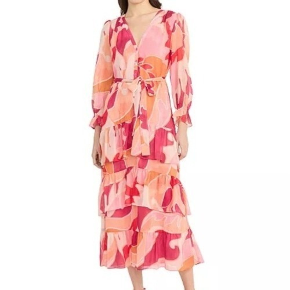 Donna Morgan Floral Print Belted Tiered Shirtdress Womens Size 12 NWT